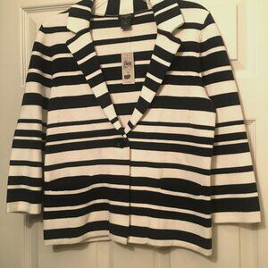 NWT ANN TAYLOR NAVY BLUE AND IVORY UNLINED STRIPED JACKET W/2 FRONT POCKETS ~ M